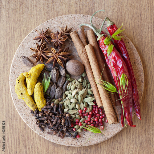 Indian spices: pepper, nutmeg, cinnamon, cardamom, turmeric