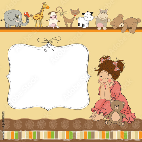 birthday card template with little girl and toys