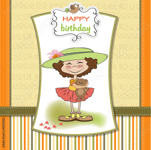 cute birthday greeting card with girl and her teddy bear