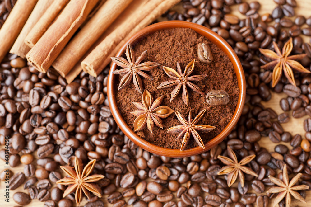 Fototapeta Star anise, cinnamon and coffee beans