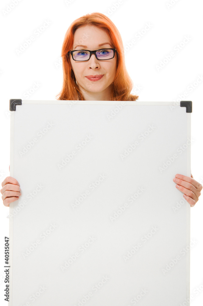 Young businesswoman showing blank signboard. Young businesswoman showing blank signboard.