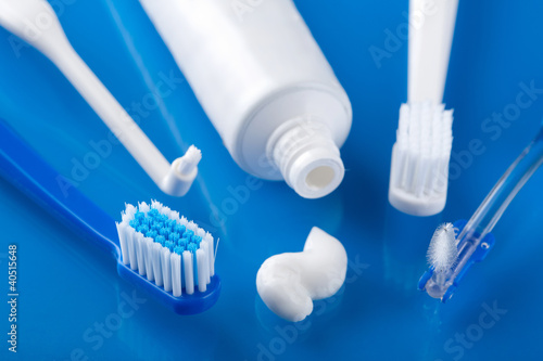 various toothbrushes and paste