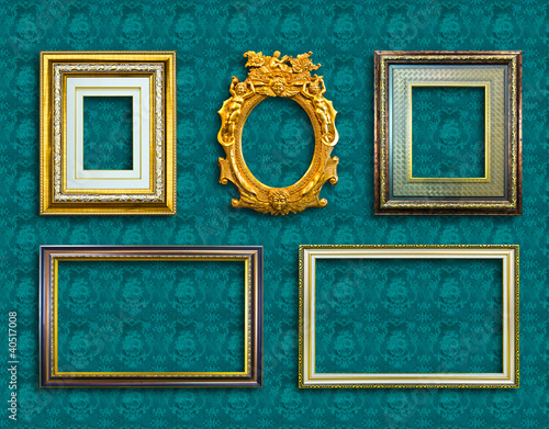 Canvas Print frame of golden wood  on blue wallpaper