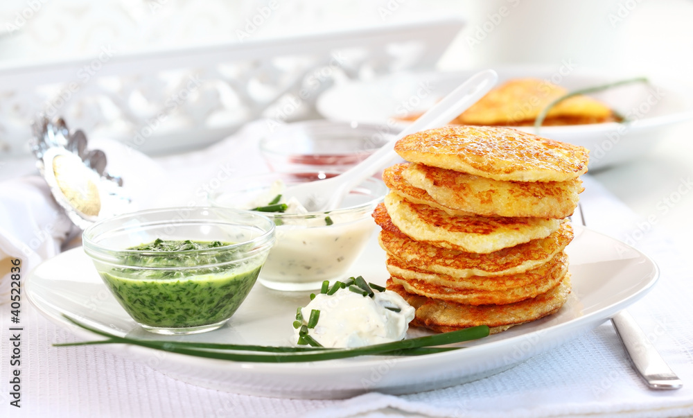 Potato pancakes with three dips Potato pancakes with three dips