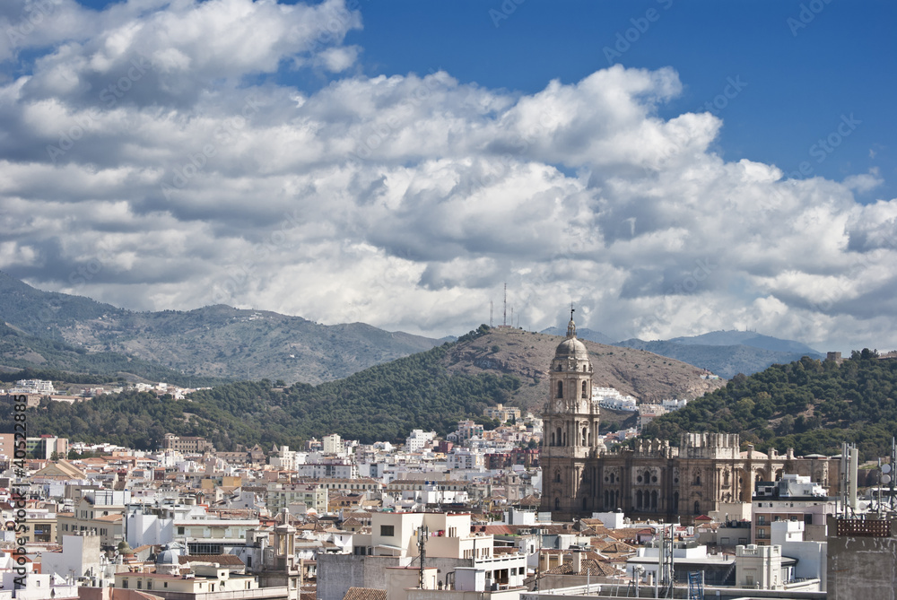 View of Malaga city, mountains and cathedral