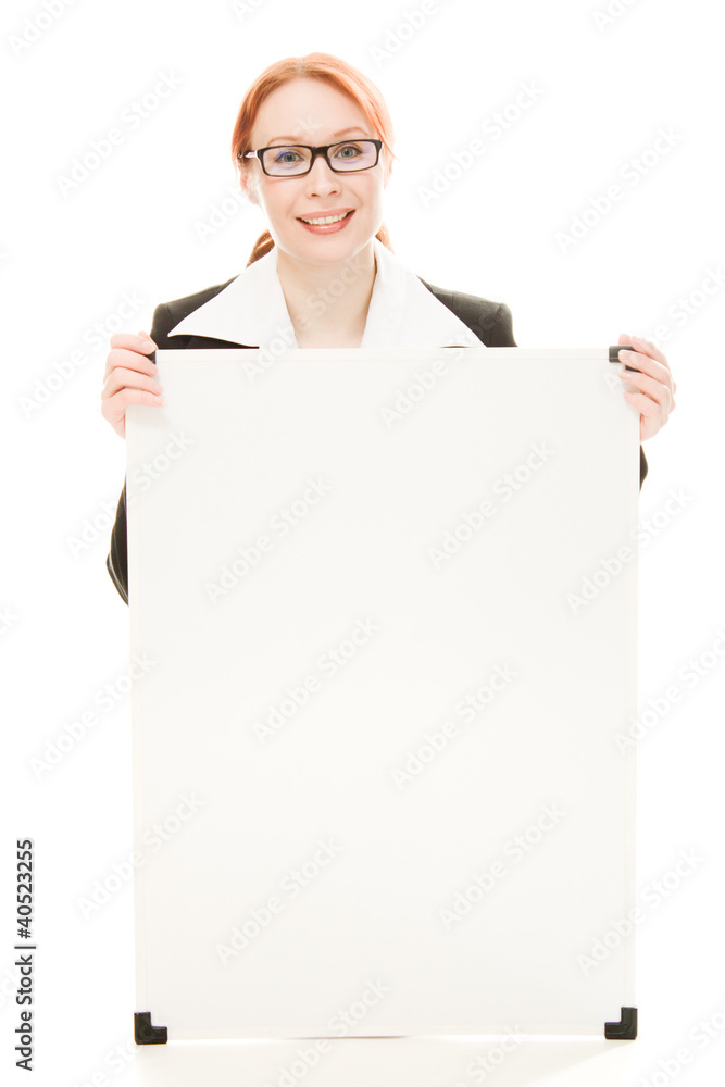 Businesswoman holding blank whiteboard sign.