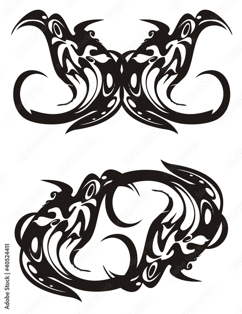 Fototapeta premium Tribal birds symbols in the form of a butterfly and in a circle