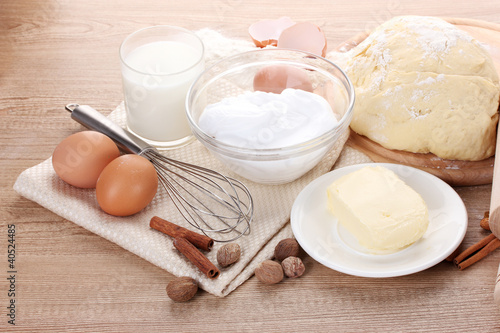 Ingredients for the dough wooden table