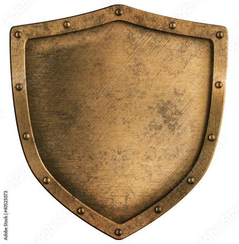 aged brass or bronze metal shield isolated on white