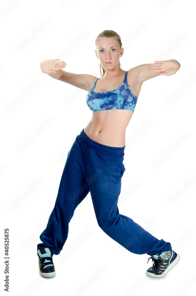 The girl the trainer on dances isolated on white background The girl the trainer on dances isolated on white background