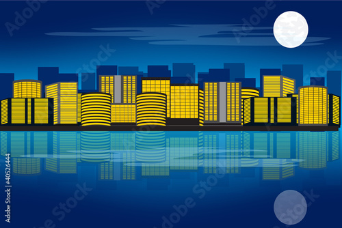 Night city and his reflection in water
