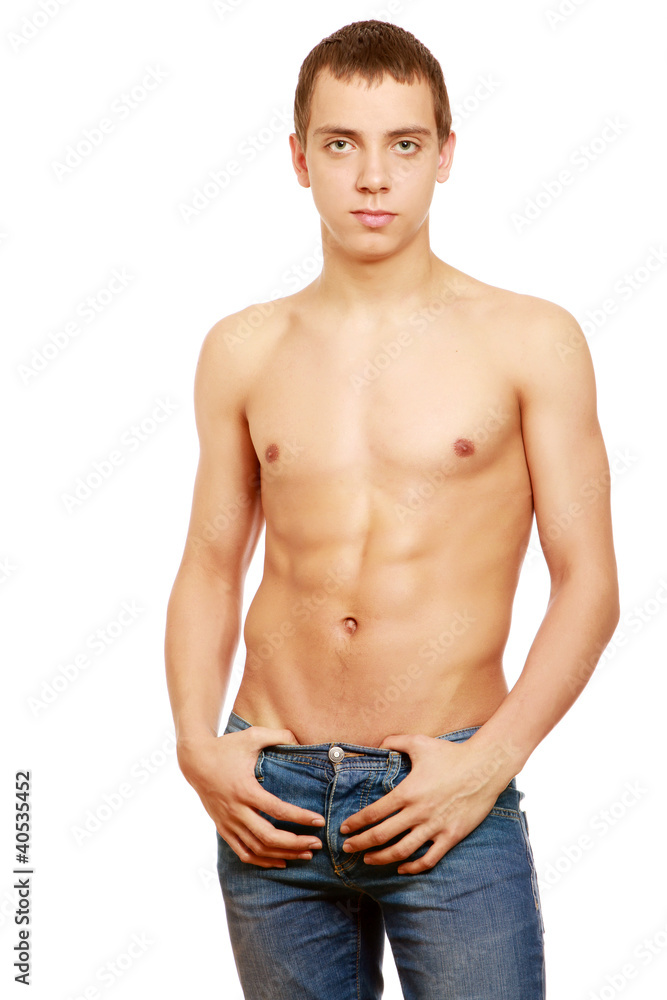 A portrait of a brawny  handsome guy on white