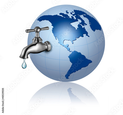 Earth globe with water tap and drop.  Eco Concept