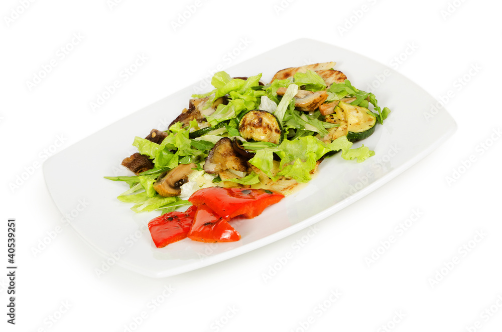 beef salad with grilled vegetables isolated on white background