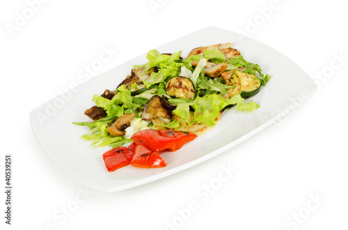 beef salad with grilled vegetables isolated on white background