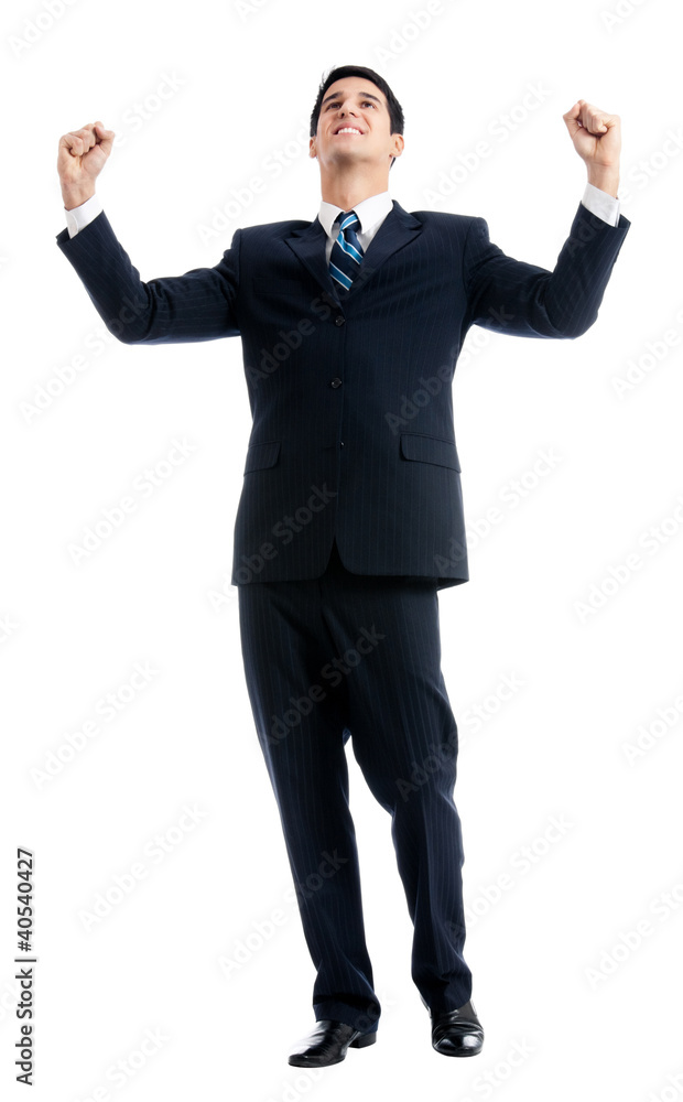 Happy gesturing businessman, isolated Happy gesturing businessman, isolated