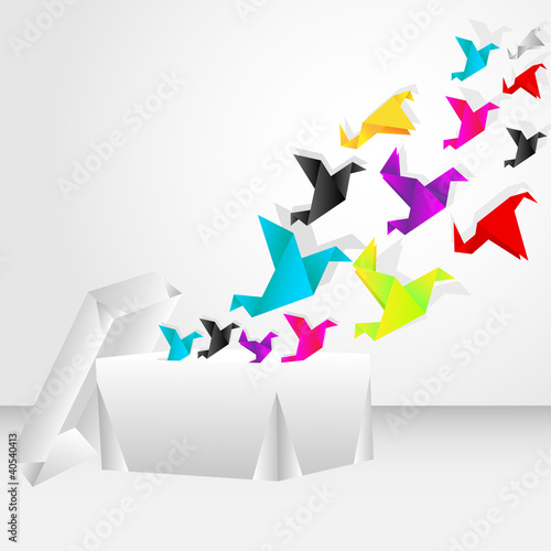 Origami start to fly from a box