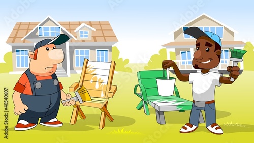 funny cartoon workers painting chaise-longues