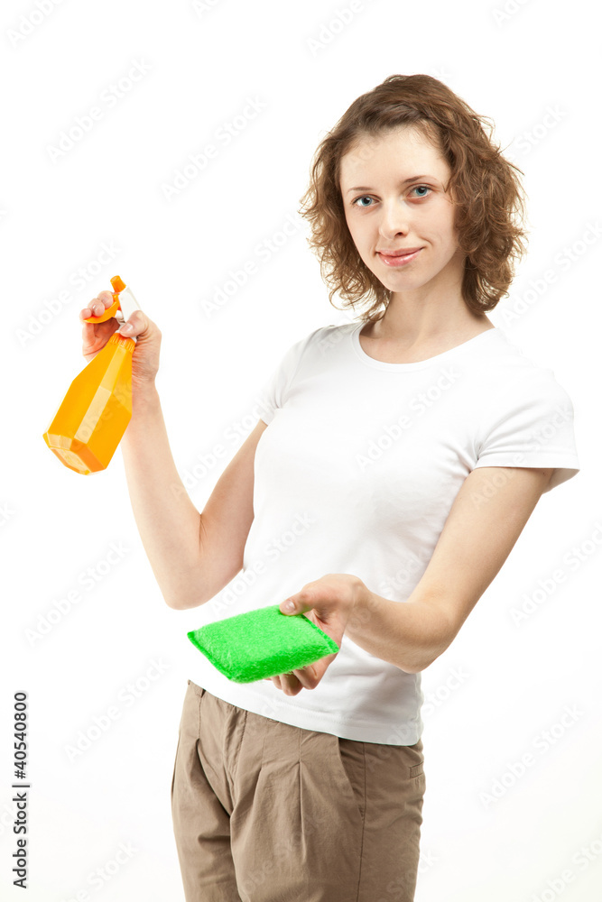 Attractive young woman holding cleaning supplies Attractive young woman holding cleaning supplies