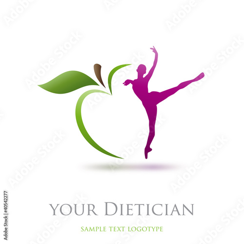 Logo diet, dietician. Dancer and green apple # Vector