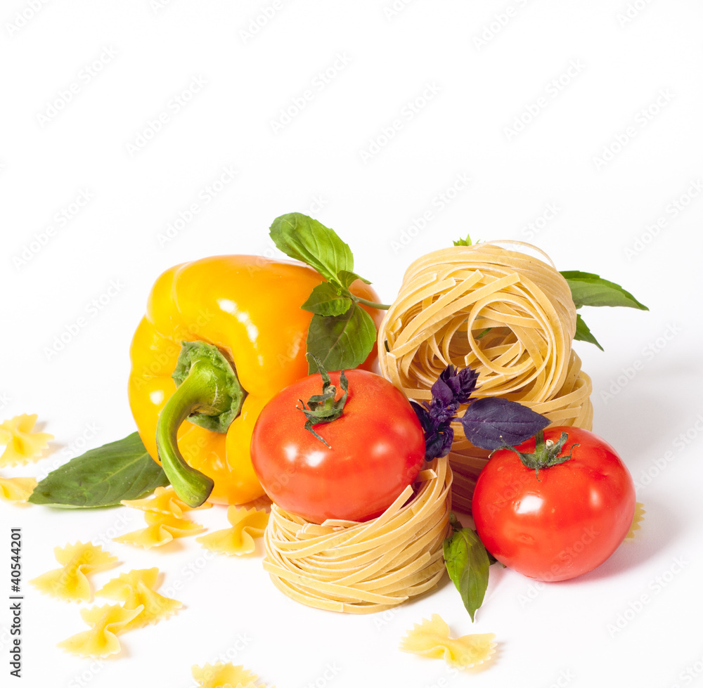 Tomato, macaroni red and green basil Tomato, macaroni red and green basil