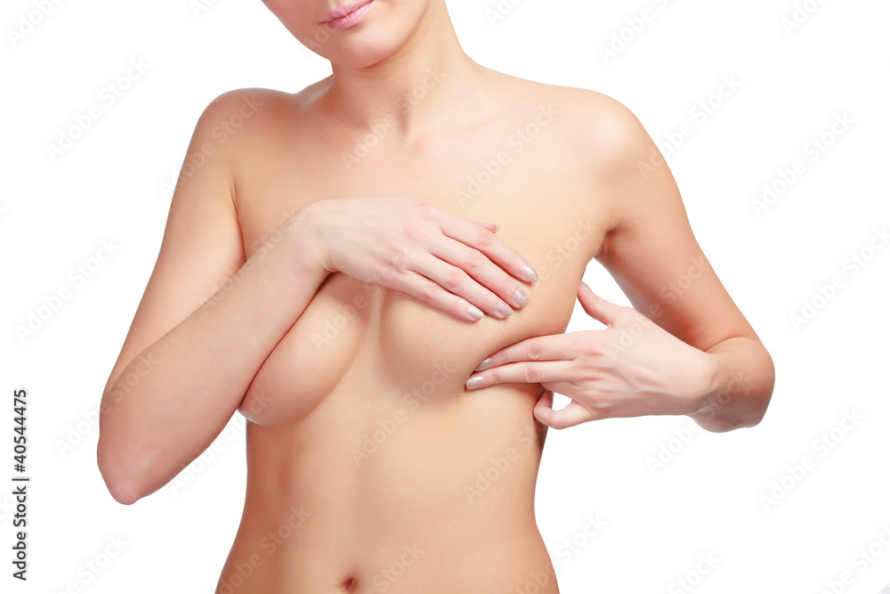 Fototapeta premium Breast cancer, woman touching her breasts