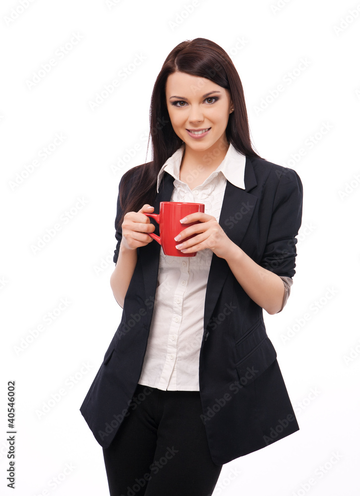 young woman in a jacket and blouse, holding a red cup, isolated young woman in a jacket and blouse, holding a red cup, isolated