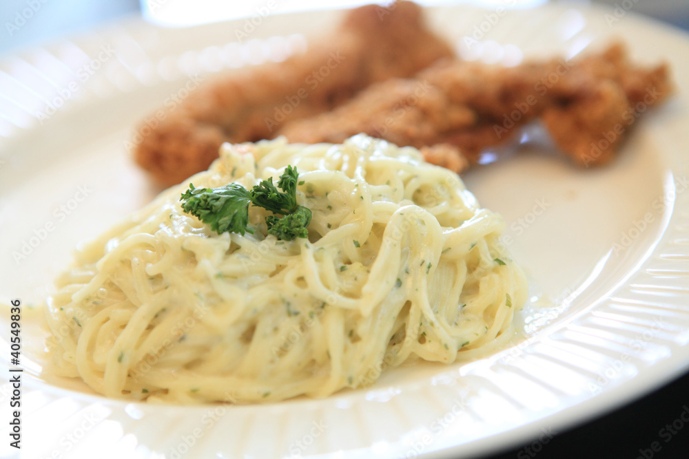 Spaghetti Carbonara with fried chicken Spaghetti Carbonara with fried chicken