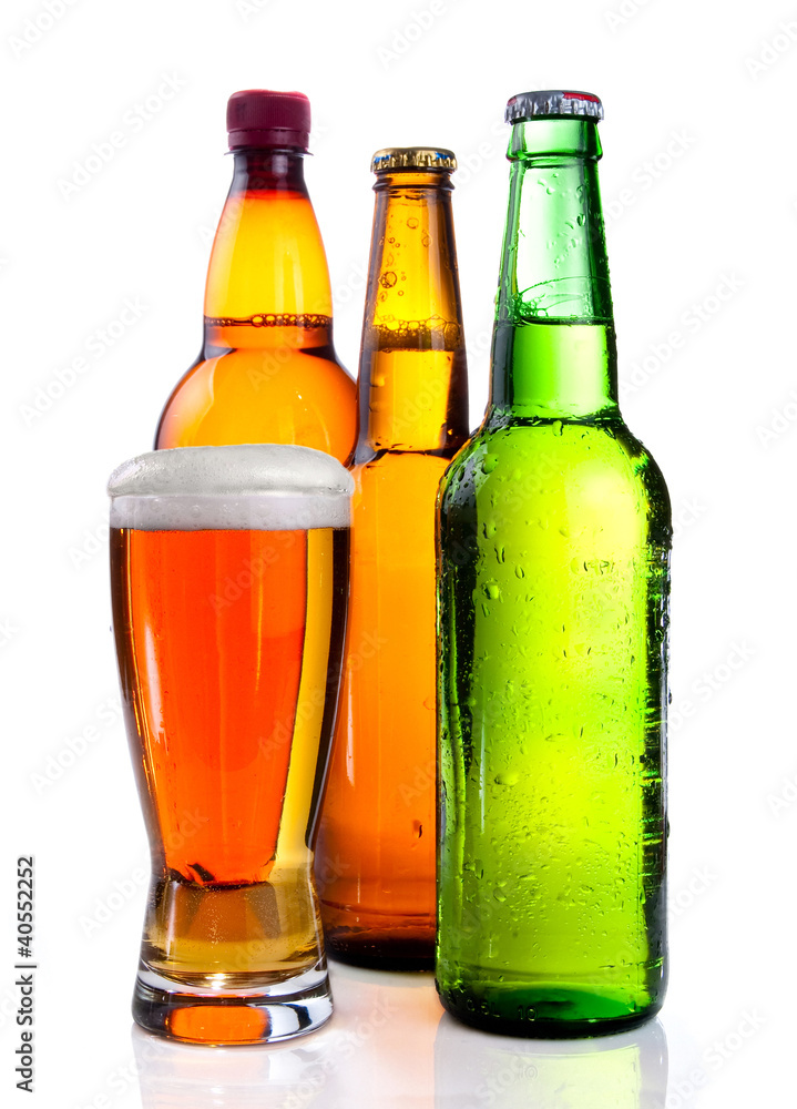 Isolated Glass Beer in plastic bottle and Two glass bottles with Isolated Glass Beer in plastic bottle and Two glass bottles with