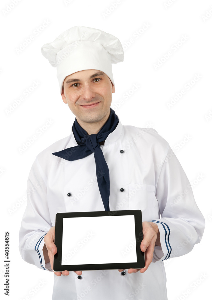 Chef showing a tablet pc with blank screen Chef showing a tablet pc with blank screen