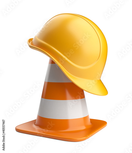 Traffic cones and hardhat. Road sign. Icon isolated on white bac