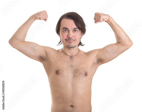 middle aged man flexing his muscles, isolated on white backgroun