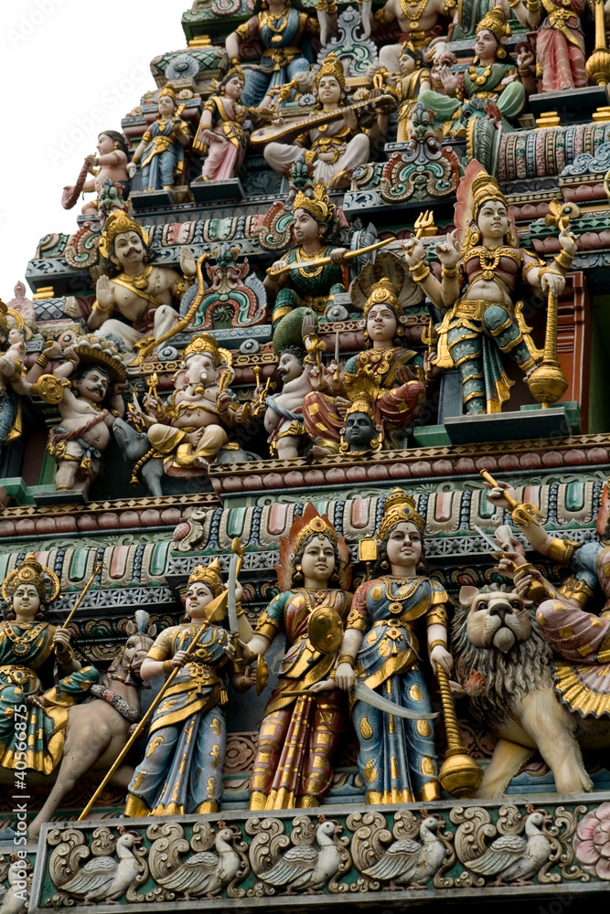 Closeup of statues of Hindu Gods outside temple at Little India