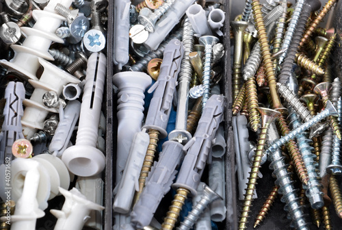 Принти на полотні Screw and dowel in plastic organizer box
