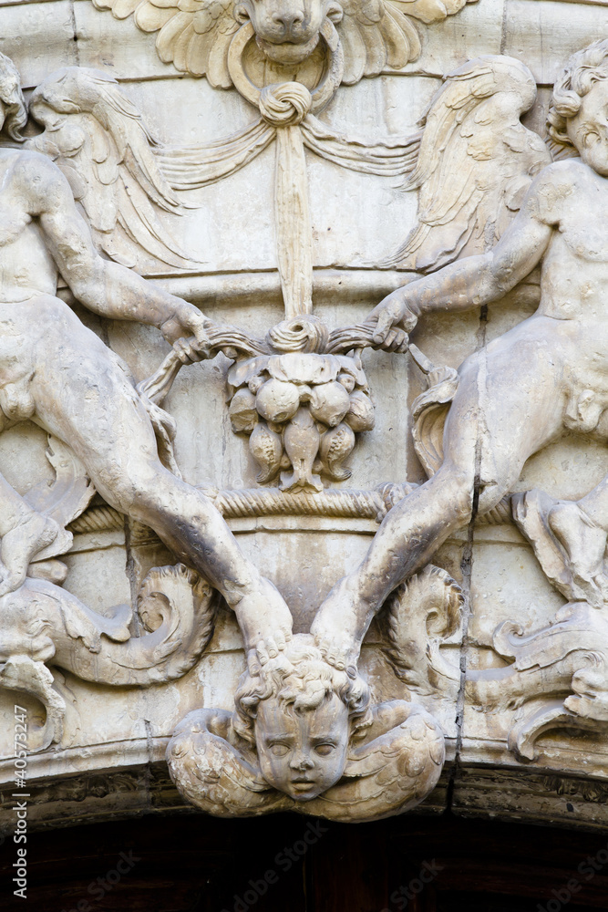 Bas-relief, facade of the University of Alcala de Henares, Madri