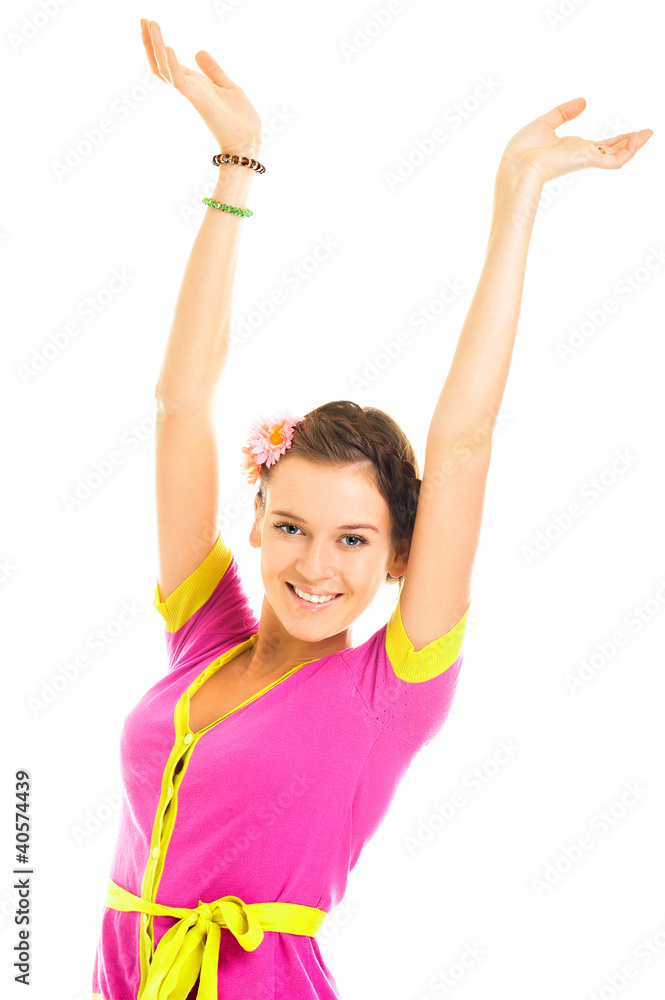 Woman with raised hands isolated on white background Woman with raised hands isolated on white background