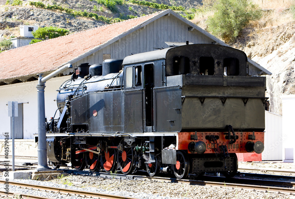 steam locomotive at railway station in Tua, Douro Valley, Portug steam locomotive at railway station in Tua, Douro Valley, Portug