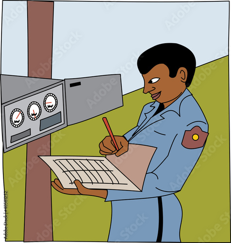 Black man checking meters and writing down readings