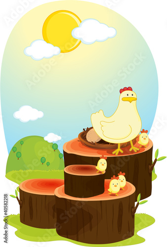 hen on log
