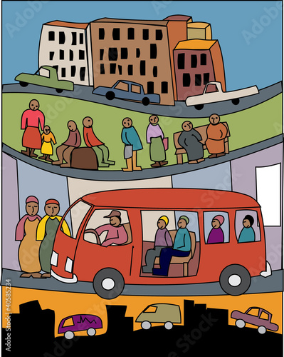 Urban African scene featuring taxis and transport