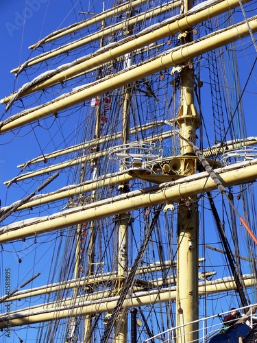 Close view of four poles of sailboat,