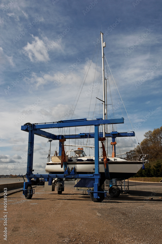 Fototapeta premium Sailboat in a Boat Lift