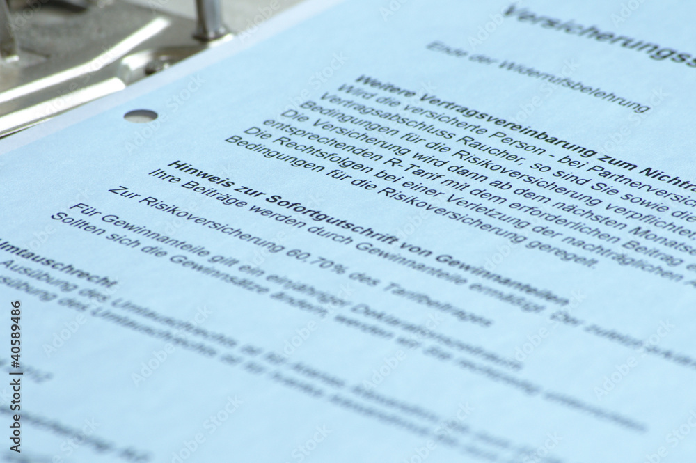 Obraz premium Vertrag - Vertragsunterlagen für eine Risikolebensversicherung