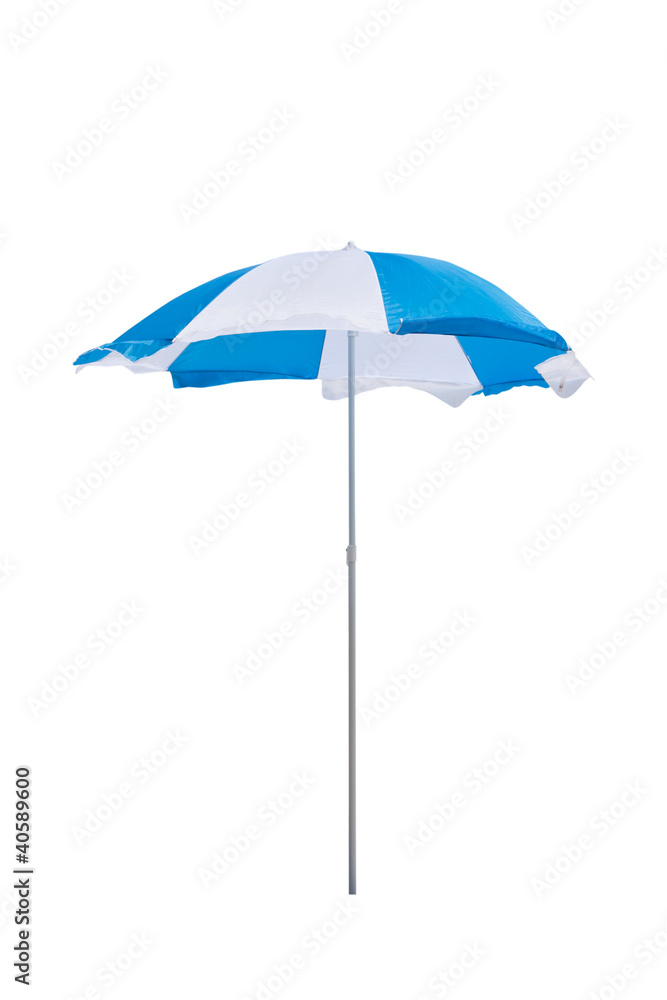 Blue and white beach umbrella isolated on white background