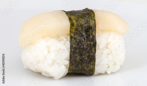 sushi hotate with slice of scallop isolated on white background