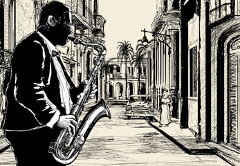 Wandcirkels Muziekband Saxofonist in Cubaanse straat  © Isaxar