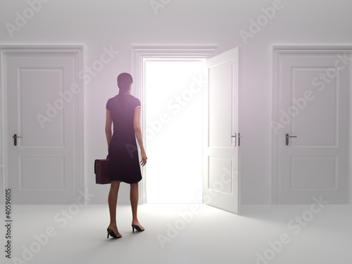 Door to success, Business female walking to a open door.