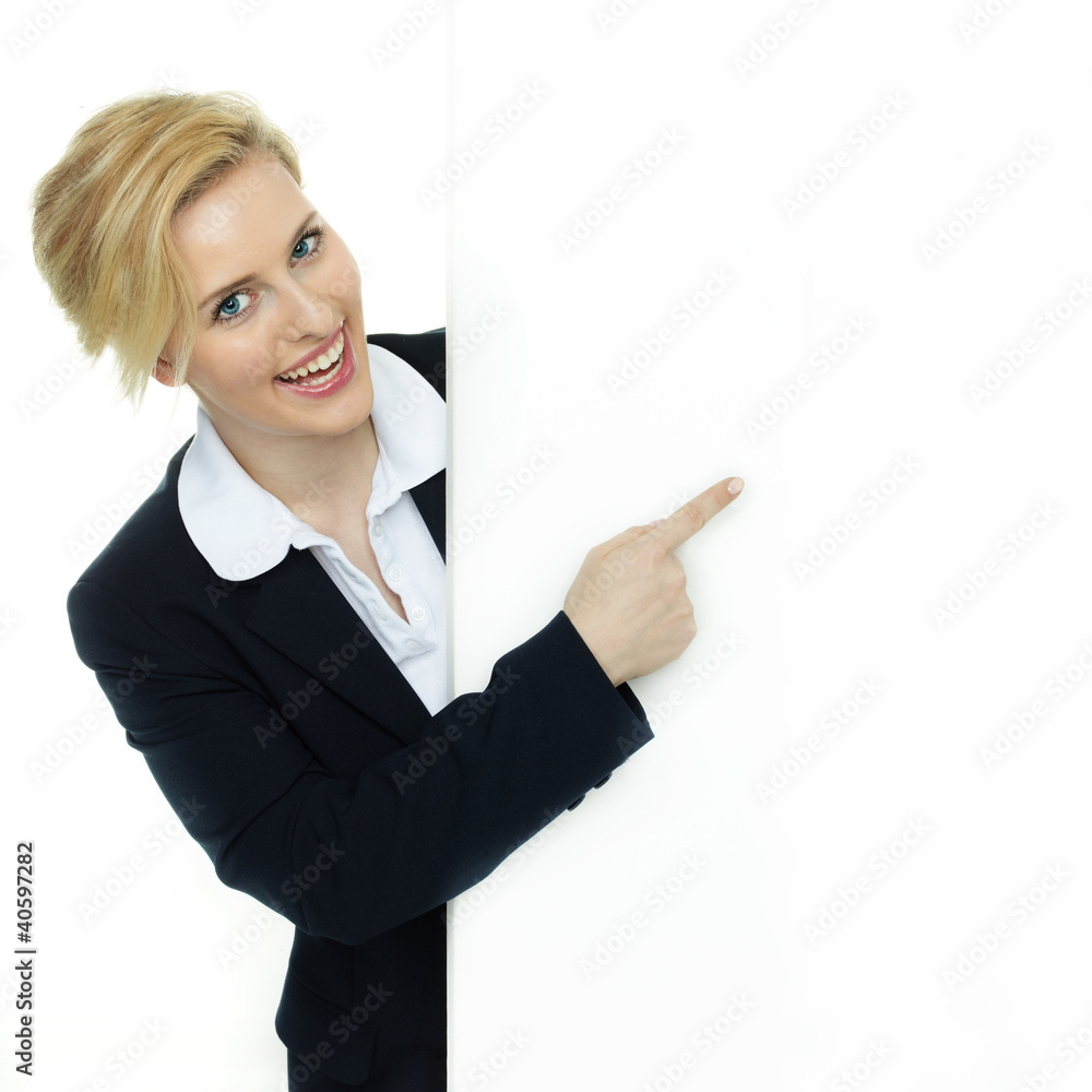 Blonde business woman with white message board Blonde business woman with white message board