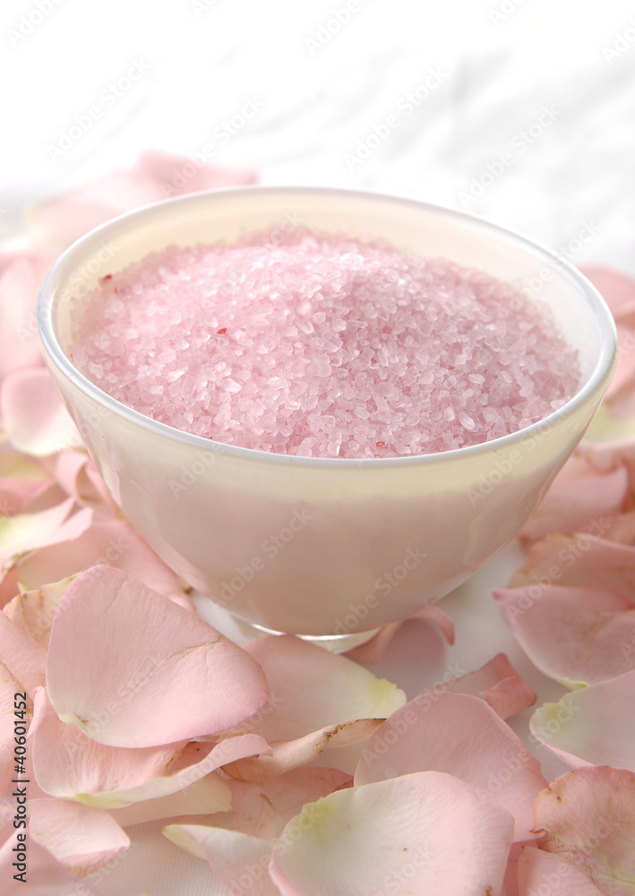 bath salts in bowl with rose petals bath salts in bowl with rose petals