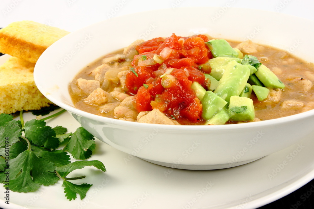 Pork & White Bean Chili Topped with Salsa & Avocado Pork & White Bean Chili Topped with Salsa & Avocado